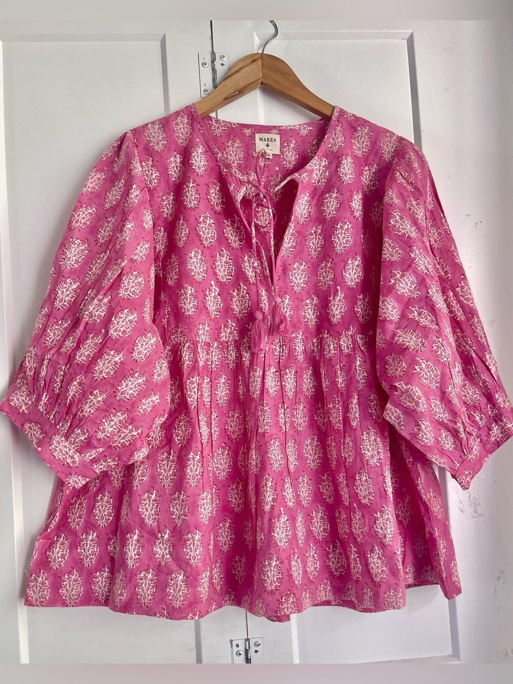 Marea Steph Top NEW Sz XL Magenta Pink 3/4 Pouf Pleat Sleeves Flowy Peasant
